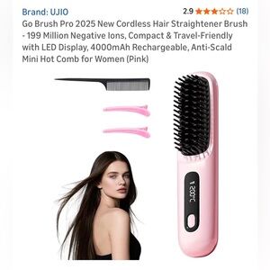 NIB UJIO Go Brush Pro Cordless Hair Straightener LED Display Compact/Travel Pink